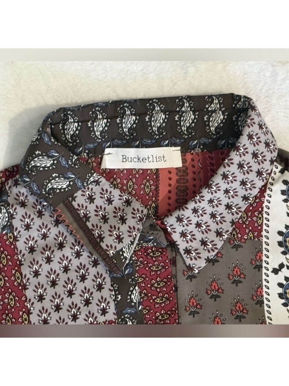 Bucketlist Red Gray Brown Bandana Patchwork Button Up Tunic Shirt Small - Picture 13 of 16